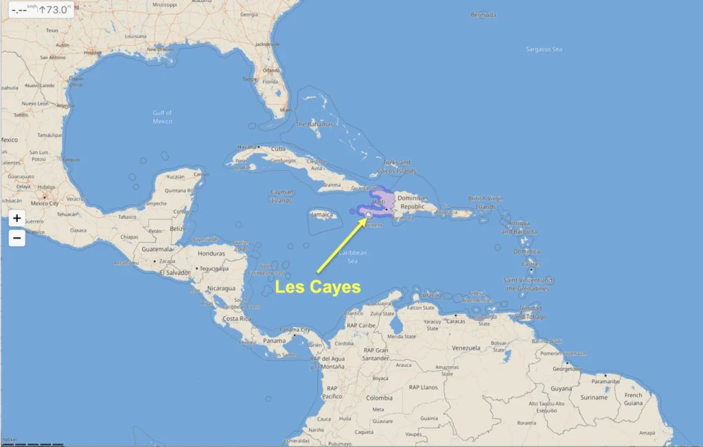 Map of the Caribbean showing the location of Les Cayes in Haiti