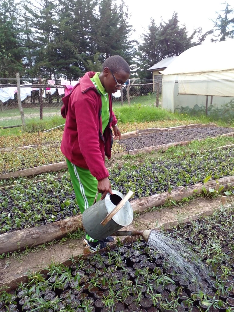 A student waters the seedlings with a watering can