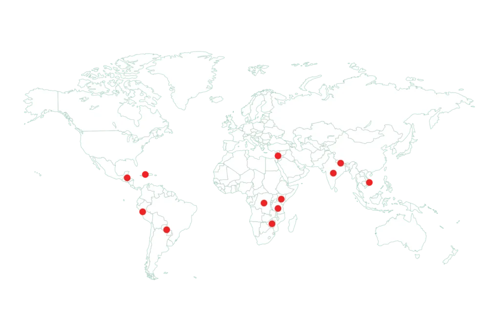 World map with the project locations of the Eine-Welt-Stiftung Rhein-Berg